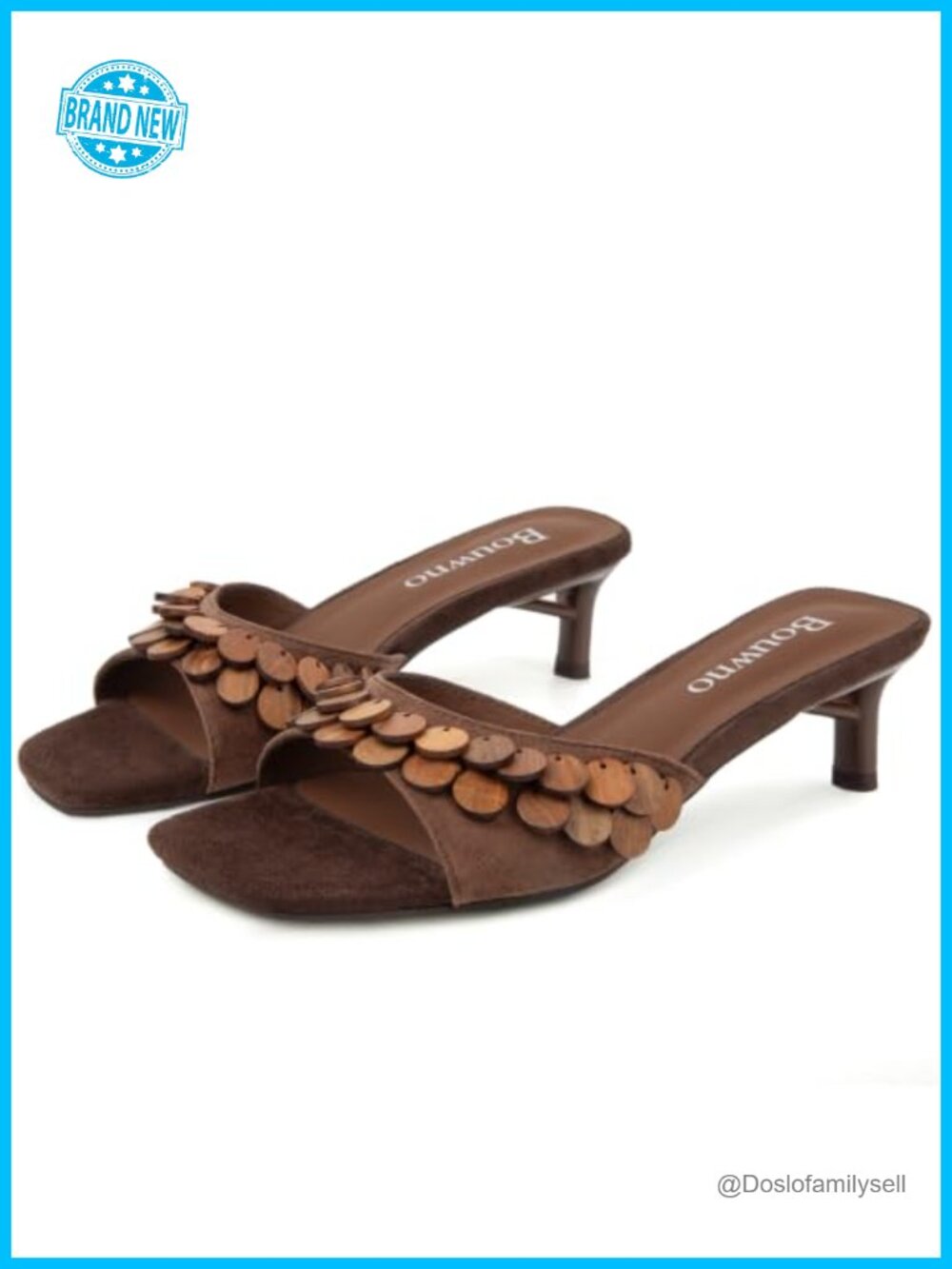 Suede Kitten Heel Mule Sandals Square Open Toe Wood Tassel Slip On